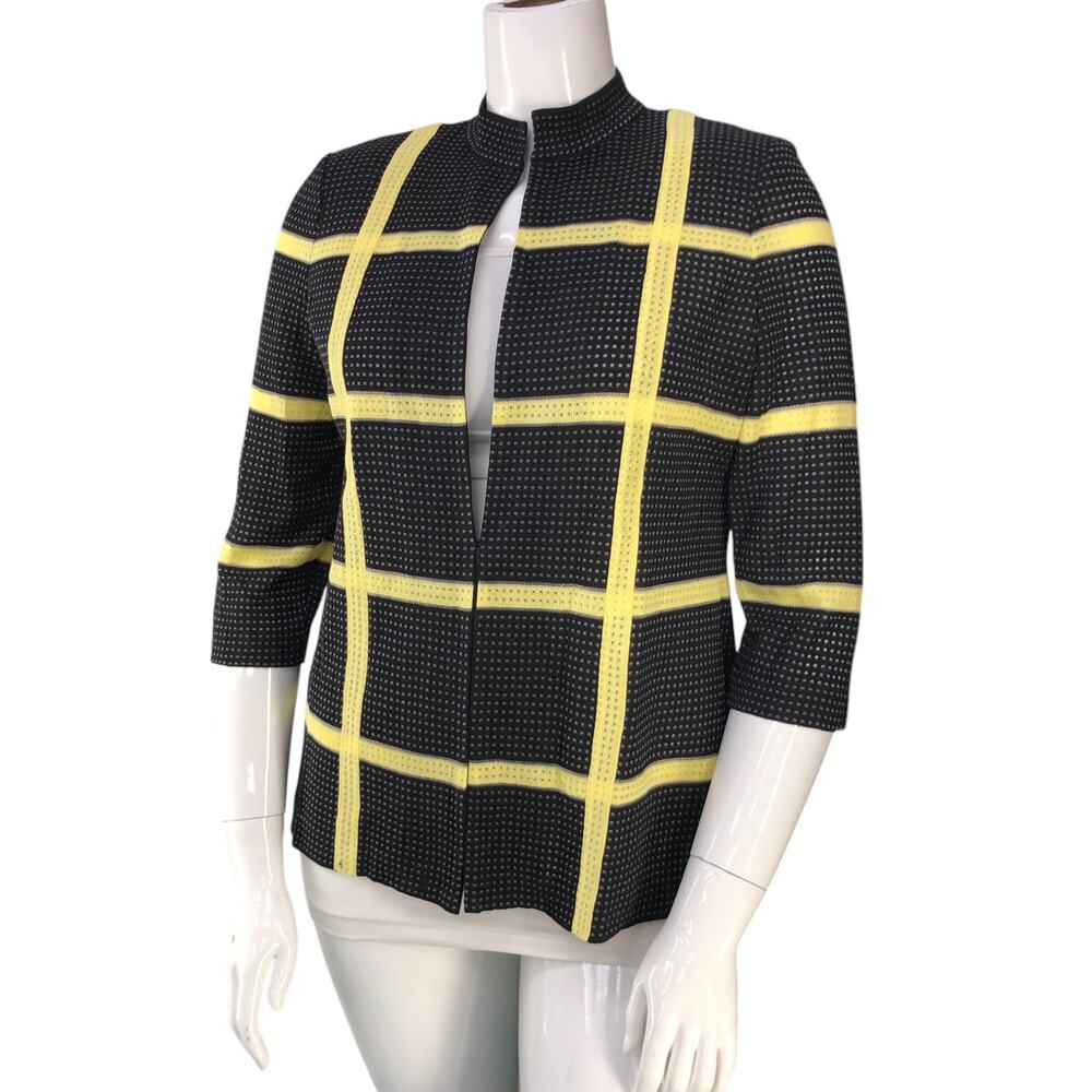 Misook Womens Size M Cardigan Open Front Slinky Knit Windowpane Black Yellow